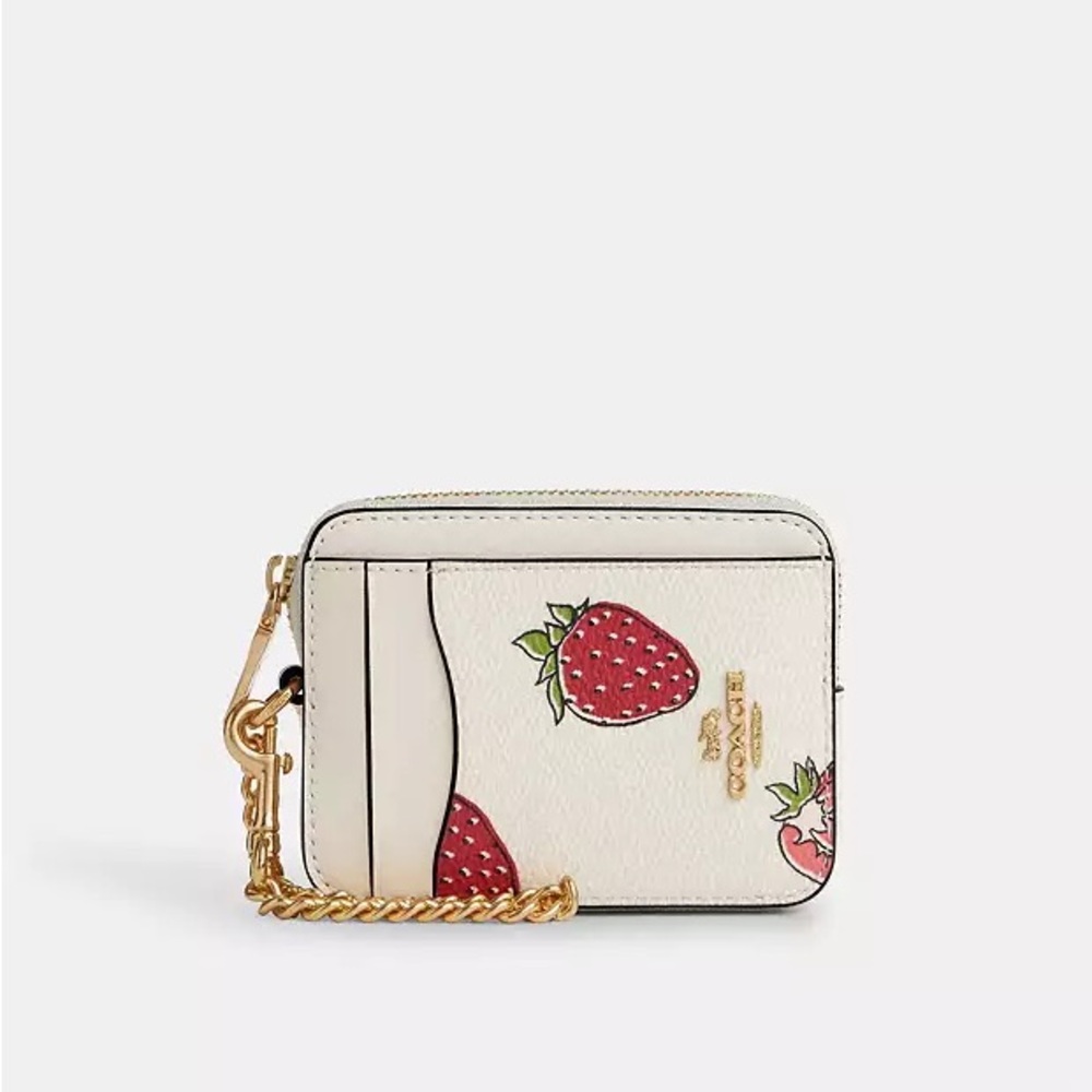 NWT Coach Zip Card Case With Strawberry Print Gold/Red Chalk CAR32
